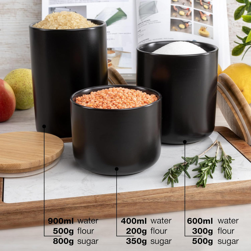 Set of 3 Ceramic Storage Jars 400–900ml – Black with Writable Surface & Lids
