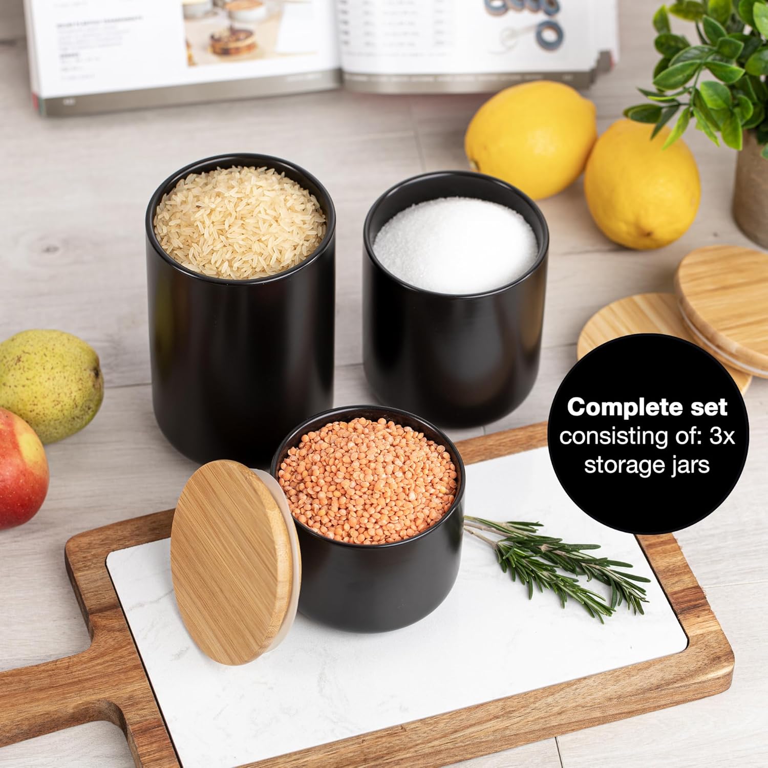 Set of 3 Ceramic Storage Jars 400–900ml – Black with Writable Surface & Lids