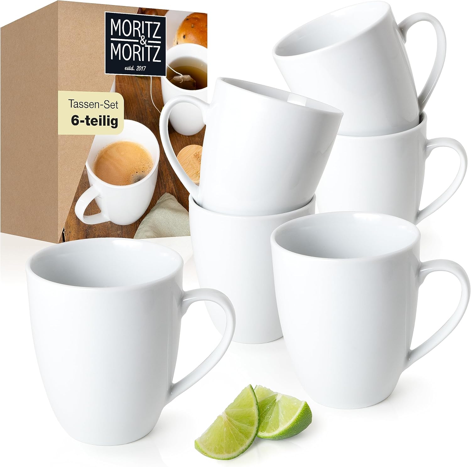 Set of 6 Coffee Cups 350ml | Premium White Porcelain Mugs with Handle