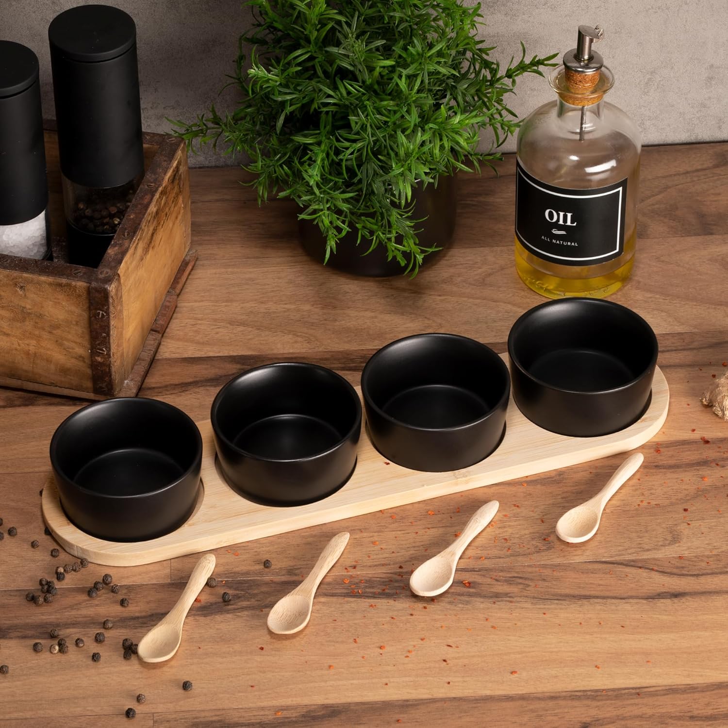 Black Serving Bowl Set with Spoon & Board