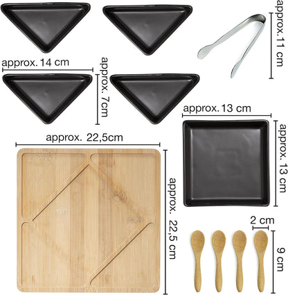 5-Piece Black Ceramic Dip Bowl Set with Bamboo Tray – Spoons & Tongs Included
