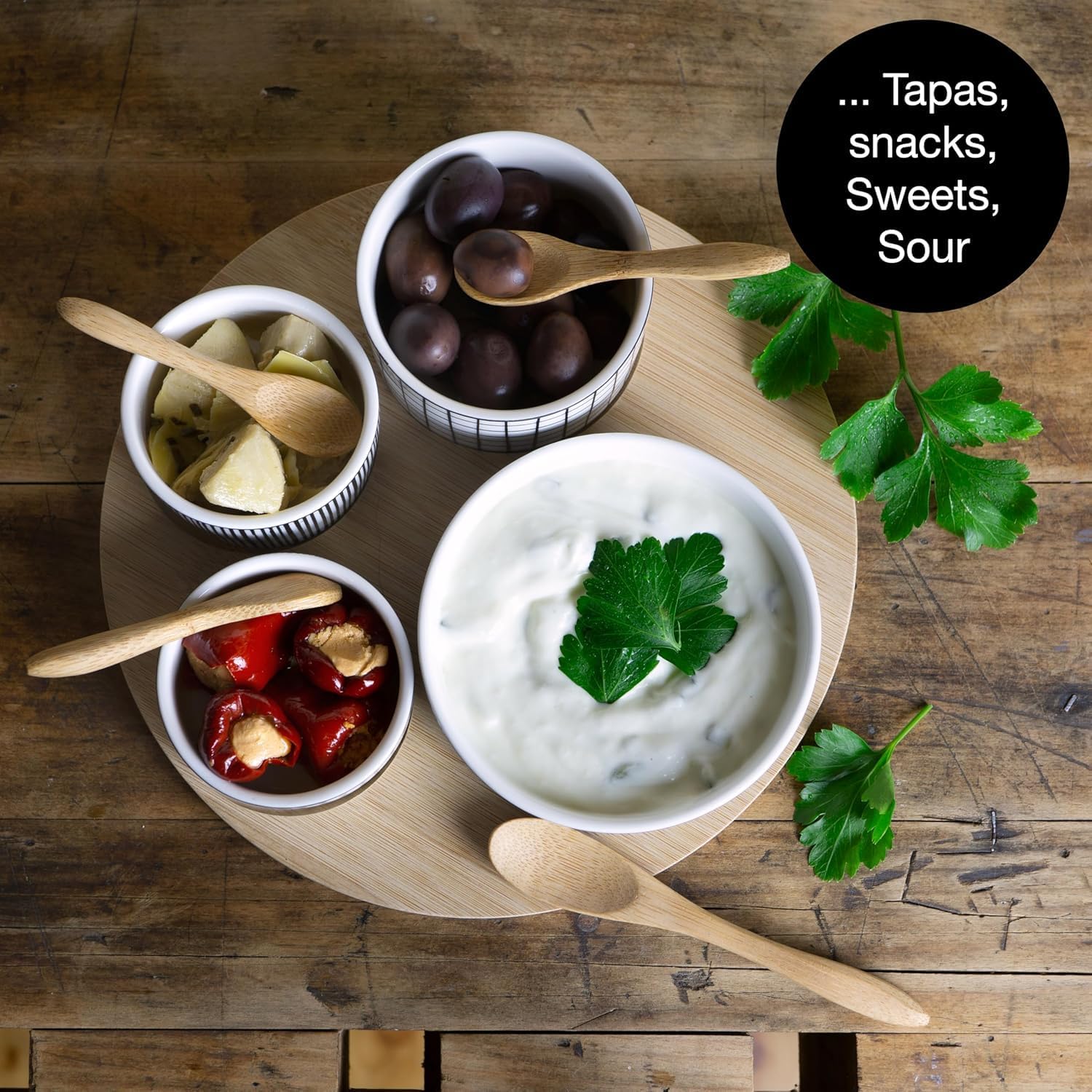 Bamboo Serving Platter with Ceramic Bowls & Spoons