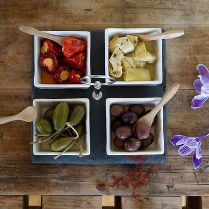 Slate Serving Platter Set with Ceramic Bowls & Bamboo Spoons – Snack & Appetizer Tray