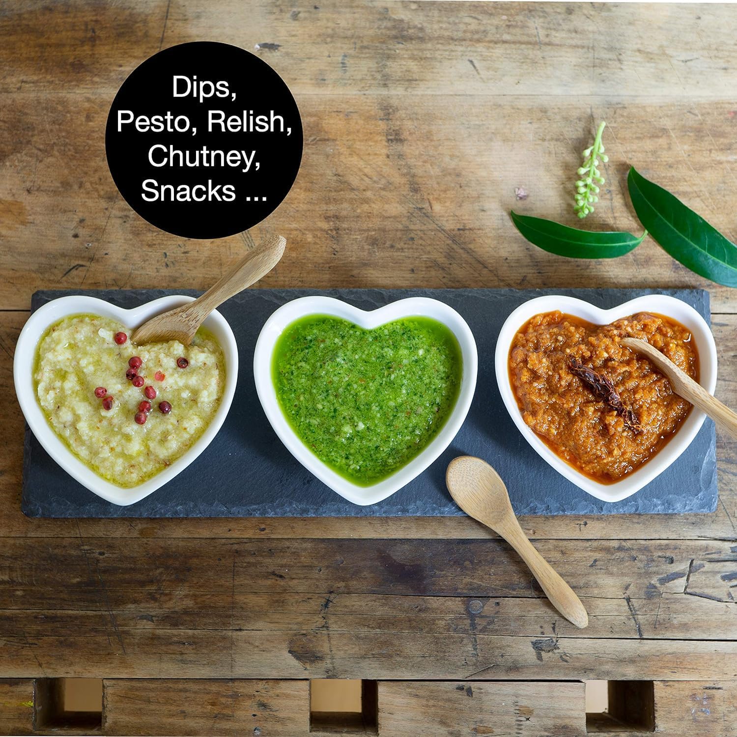 Heart-Shaped Slate Serving Set with Ceramic Bowls & Bamboo Spoons