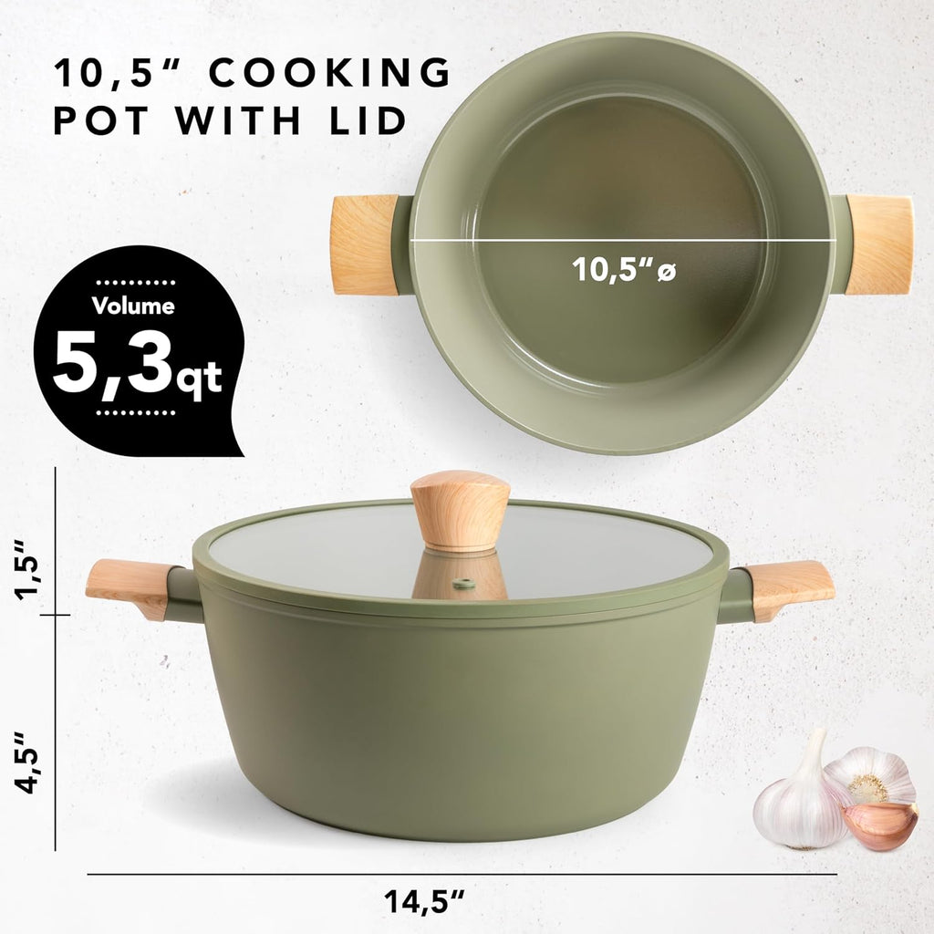 5.3 Quarts & 9.5" Ceramic Nonstick Cooking Pots with Lids – Durable, Easy Clean