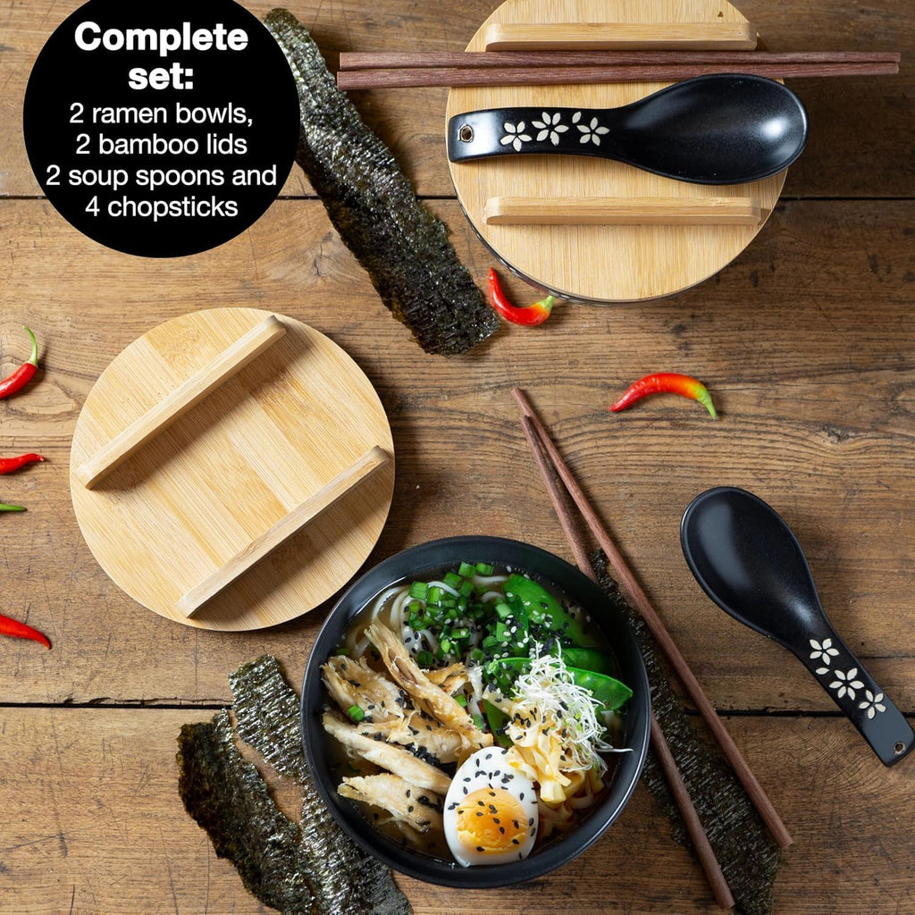 Ceramic Ramen Bowl Set with Lids, Spoons & Chopsticks – Asian Dinnerware