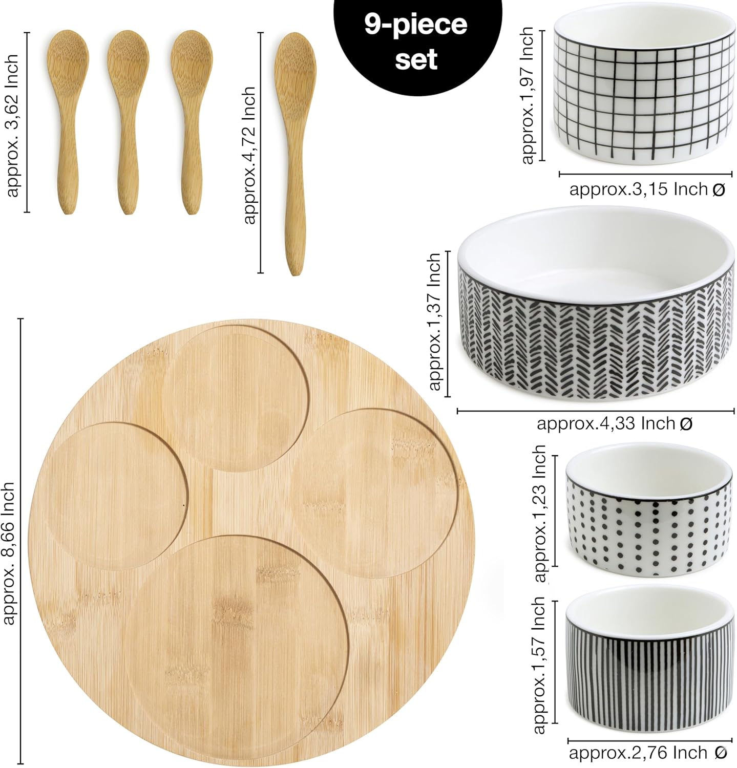Bamboo Serving Platter with Ceramic Bowls & Spoons