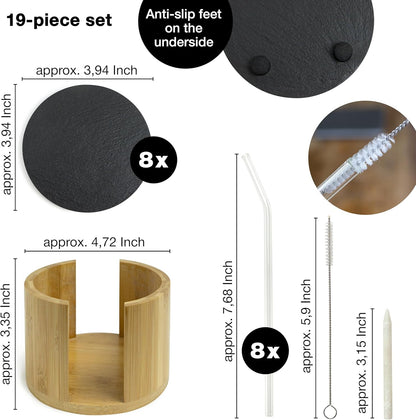 8-Piece Natural Slate Coaster Set with Bamboo Holder & Glass Straws – Includes Chalk Pen & Brush