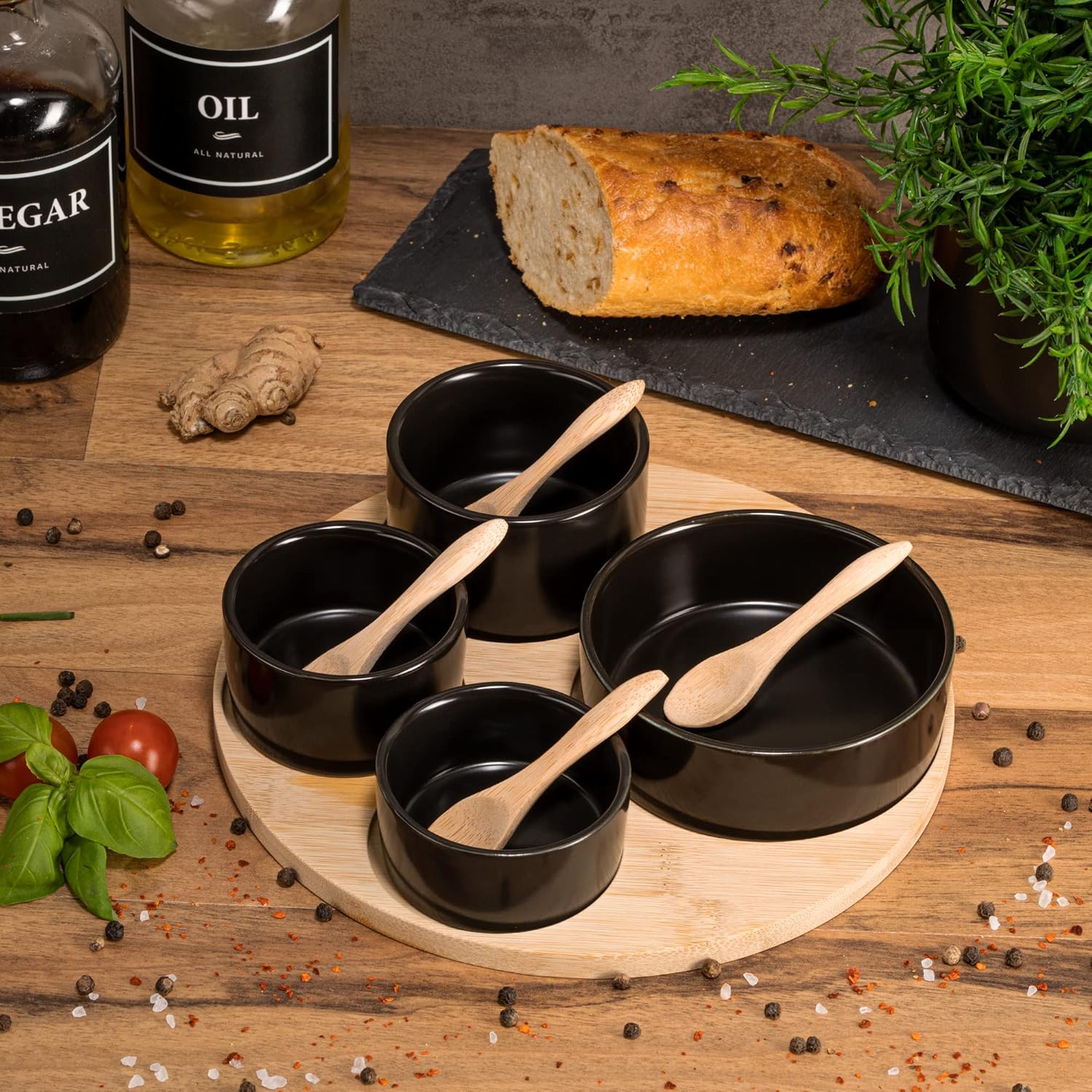 9-Piece Black Serving Bowl Set with Spoon & Board