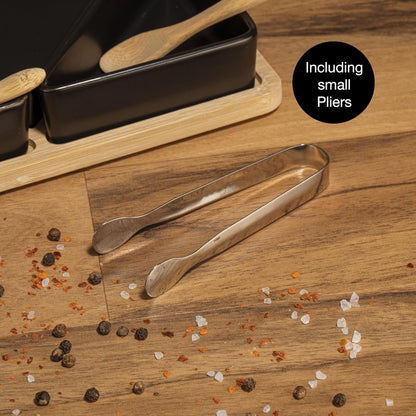 5-Piece Black Ceramic Dip Bowl Set with Bamboo Tray – Spoons & Tongs Included