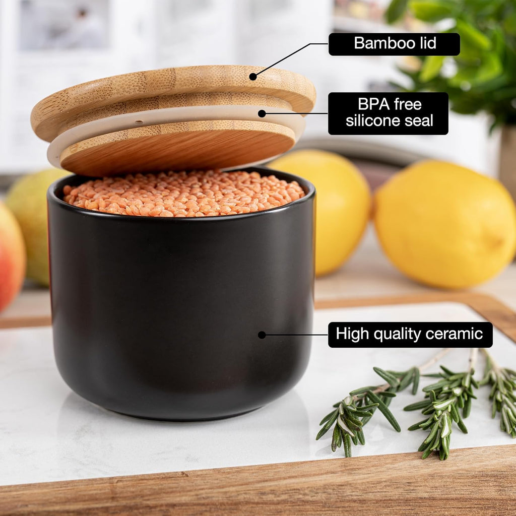 Set of 3 Ceramic Storage Jars 400–900ml – Black with Writable Surface & Lids