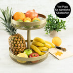 Gold Metal Fruit Bowl with Citrus Peeler – Two-Tier Cake Stand & Kitchen Decor