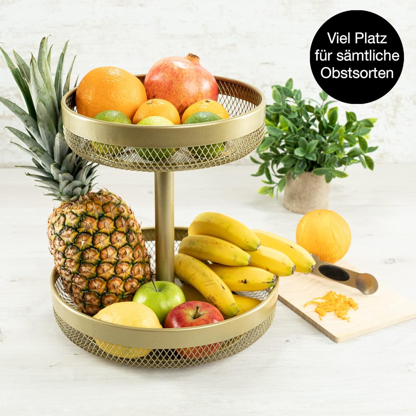 Gold Metal Fruit Bowl with Citrus Peeler – Modern Kitchen Storage & Decor