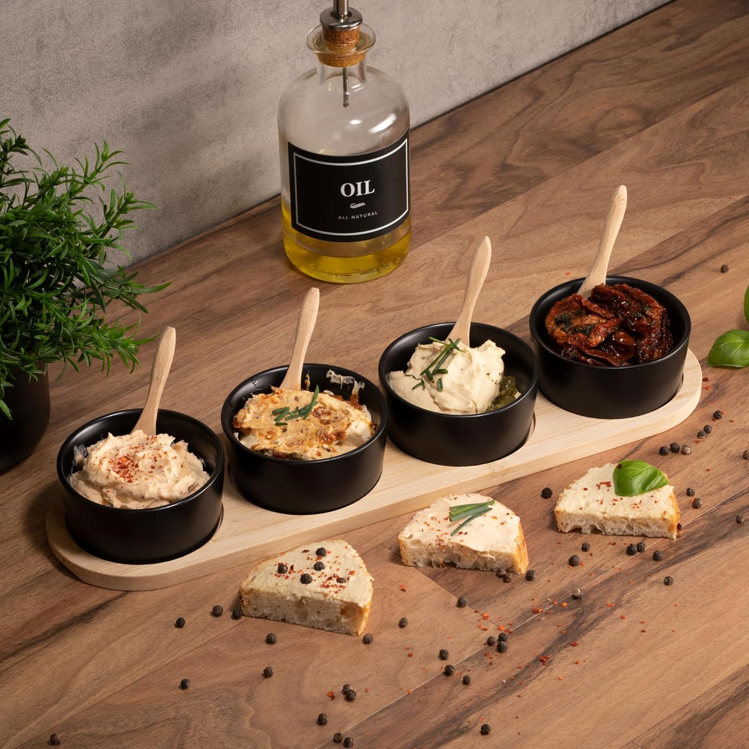 Black Serving Bowl Set with Spoon & Board