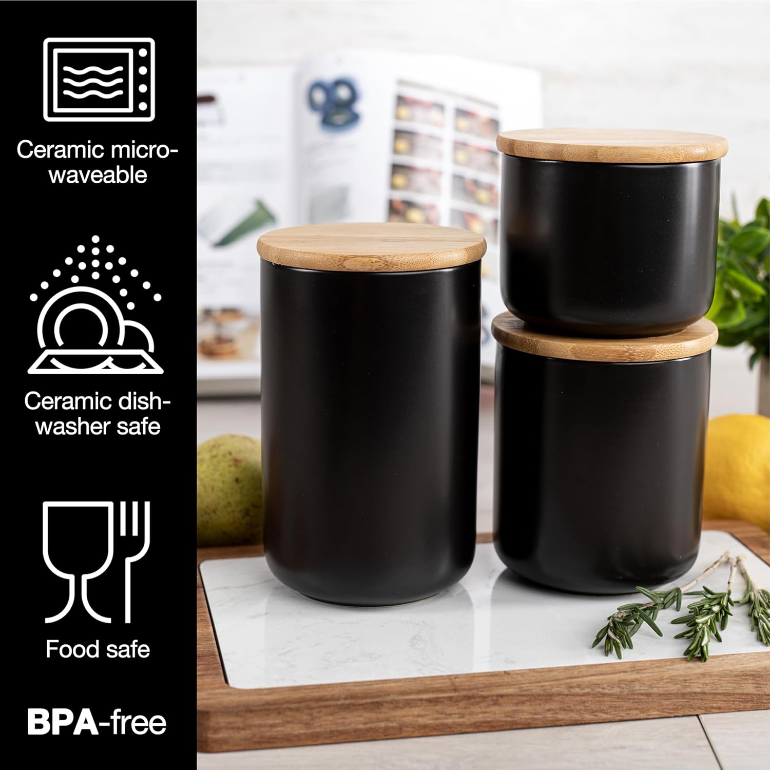 Set of 3 Ceramic Storage Jars 400–900ml – Black with Writable Surface & Lids