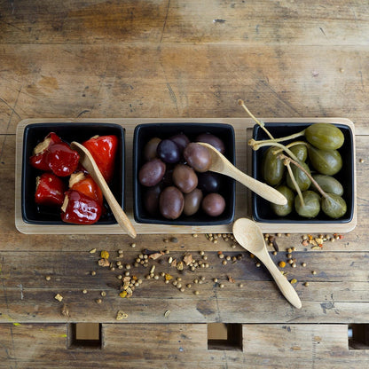 7-Piece Bamboo Serving Set with Ceramic Bowls & Spoons – Snack & Dip Platter
