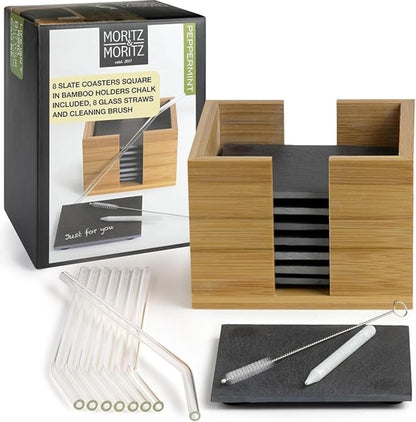 19-Piece Slate Coaster Set – Square & Round Coasters with Glass Straws, Bamboo Holder, Chalk Pen & Brush