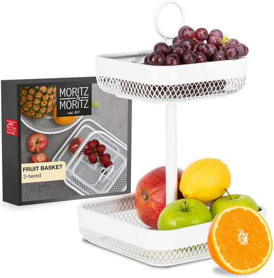 2-Tier White Metal Fruit & Cake Stand with Citrus Peeler – Modern Kitchen Organizer