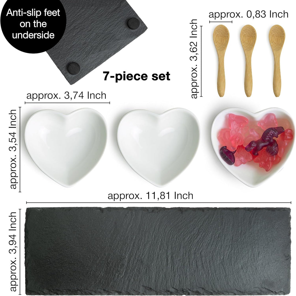 Heart-Shaped Slate Serving Set with Ceramic Bowls & Bamboo Spoons