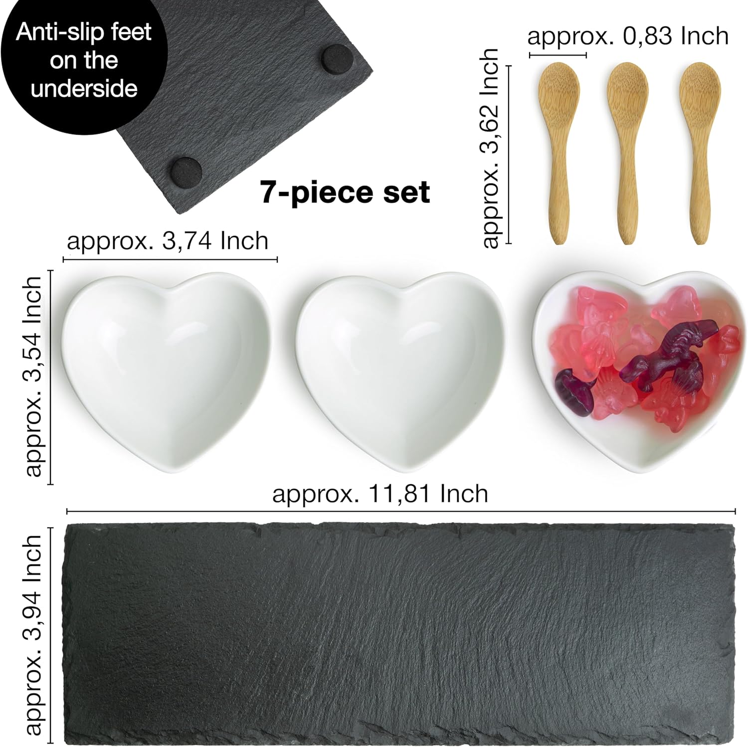 Heart-Shaped Slate Serving Set with Ceramic Bowls & Bamboo Spoons