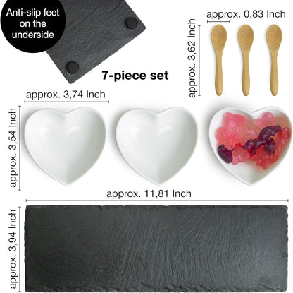 Heart-Shaped Slate Serving Set with Ceramic Bowls & Bamboo Spoons – Perfect for Dips & Appetizers