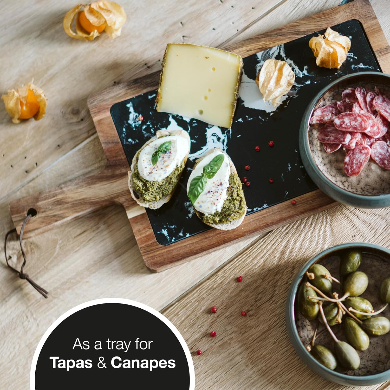 Acacia Wood & Marble Serving Board – Removable 43x20cm Cheese & Appetizer Tray