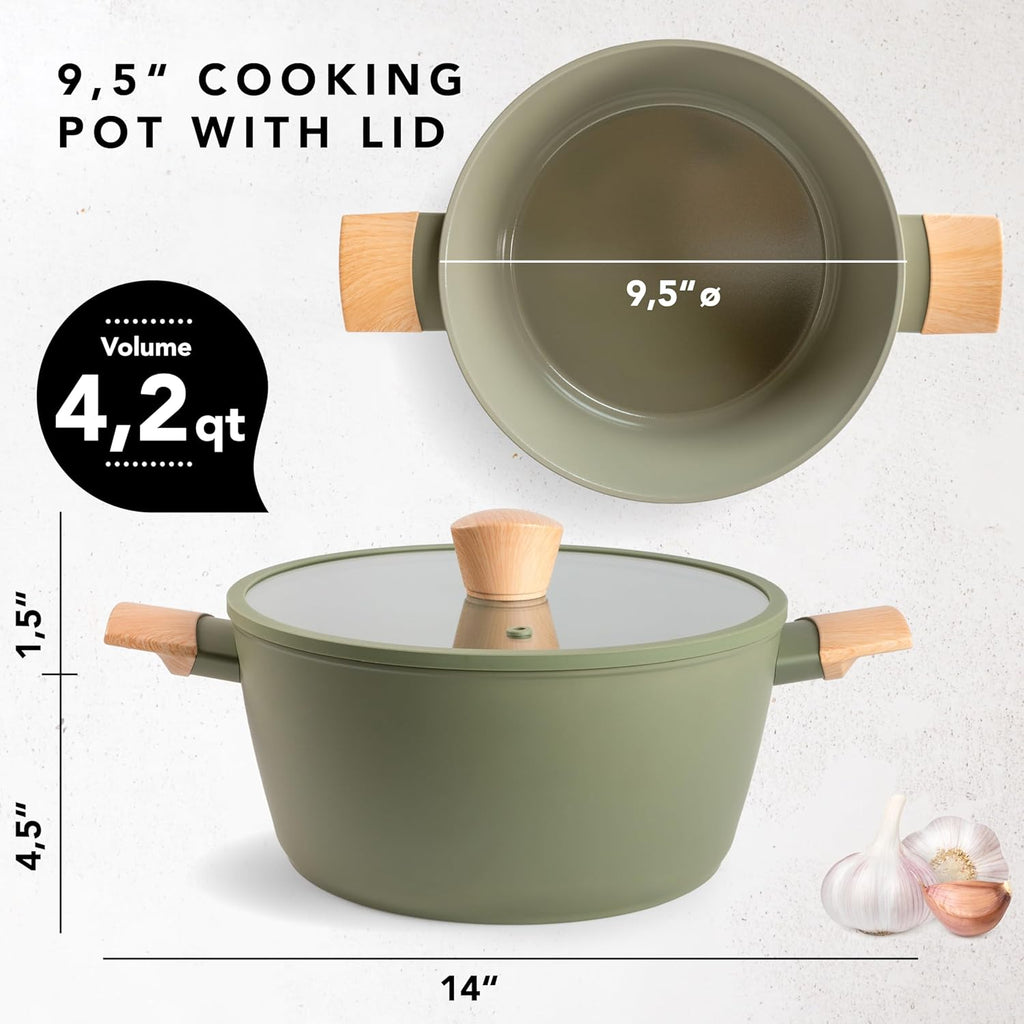 5.3 Quarts & 9.5" Ceramic Nonstick Cooking Pots with Lids – Durable, Easy Clean