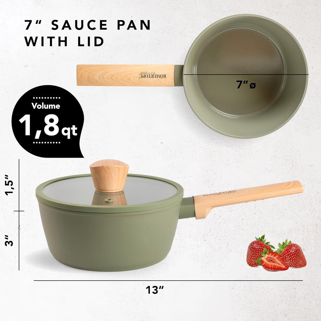 7" & 8" Ceramic Small Saucepan with Lid – 1.8QT & 2.5QT, Nonstick, Handwash