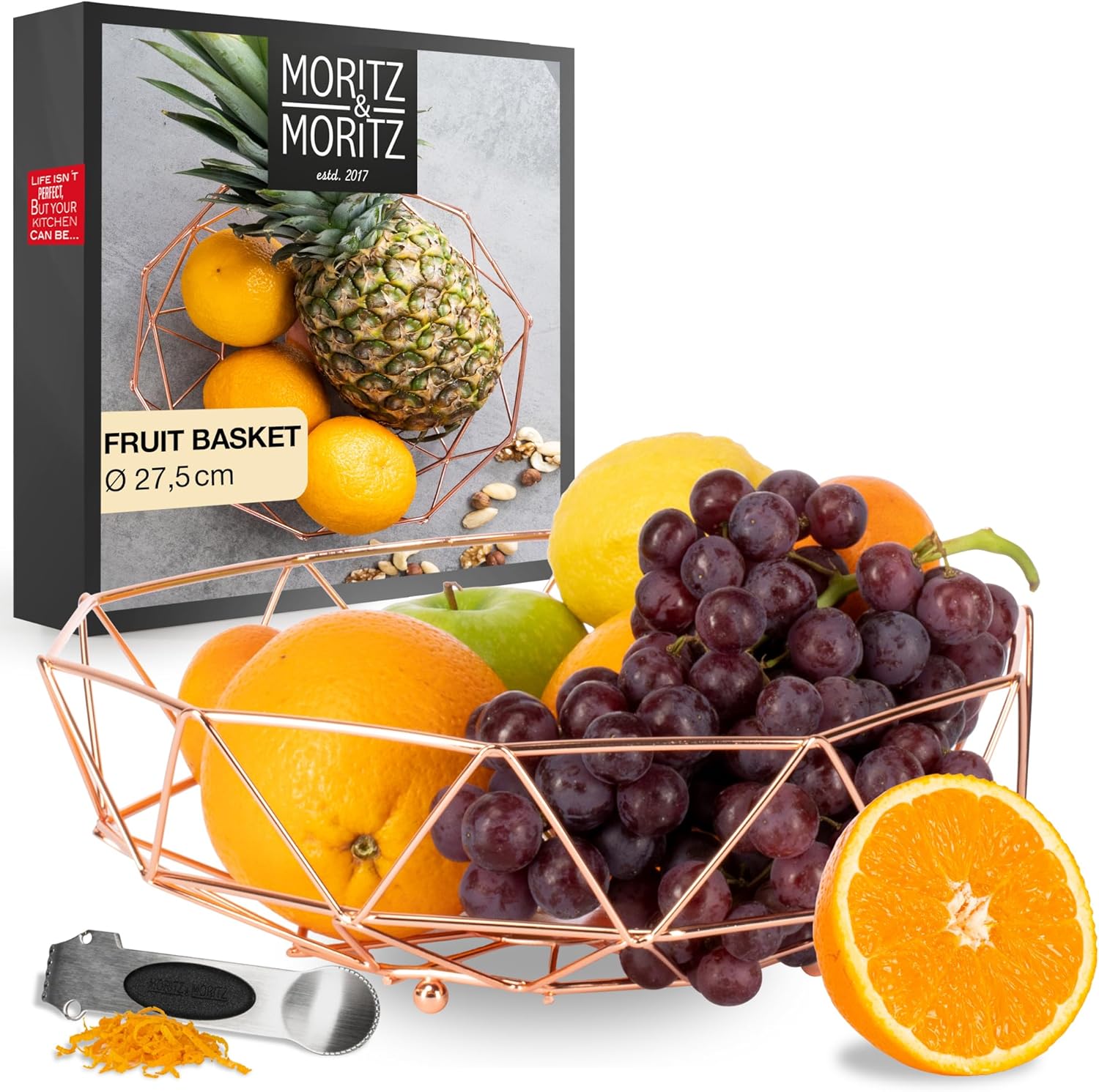 Rose Gold Fruit Bowl 27.5cm – Modern Metal Basket for Fruits, Bread, Veggies & Decor