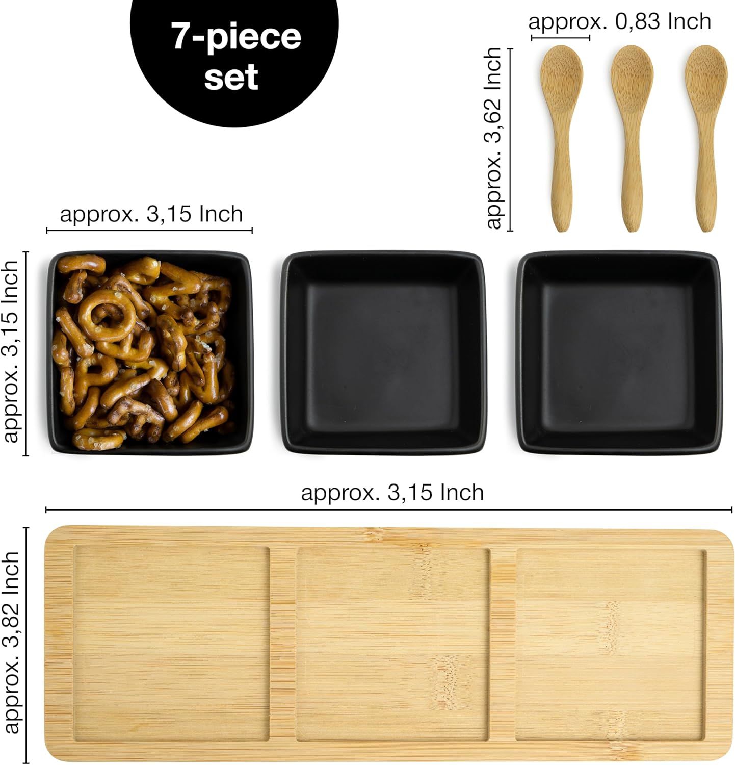 7-Piece Bamboo Serving Set with Ceramic Bowls & Spoons – Snack & Dip Platter