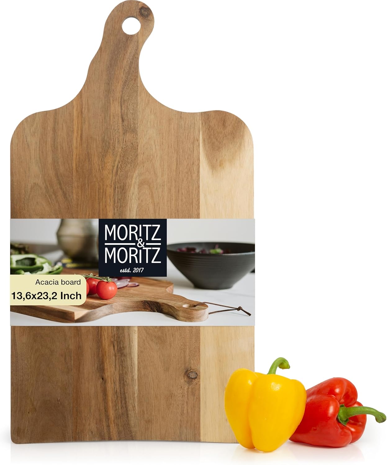 Large Acacia Wood Serving Board with Handle | 23"x13" Charcuterie & Cutting Board