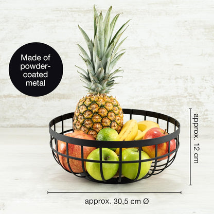 12" Black Metal Fruit Bowl – Modern Counter Basket for Fruit, Veggies & Bread