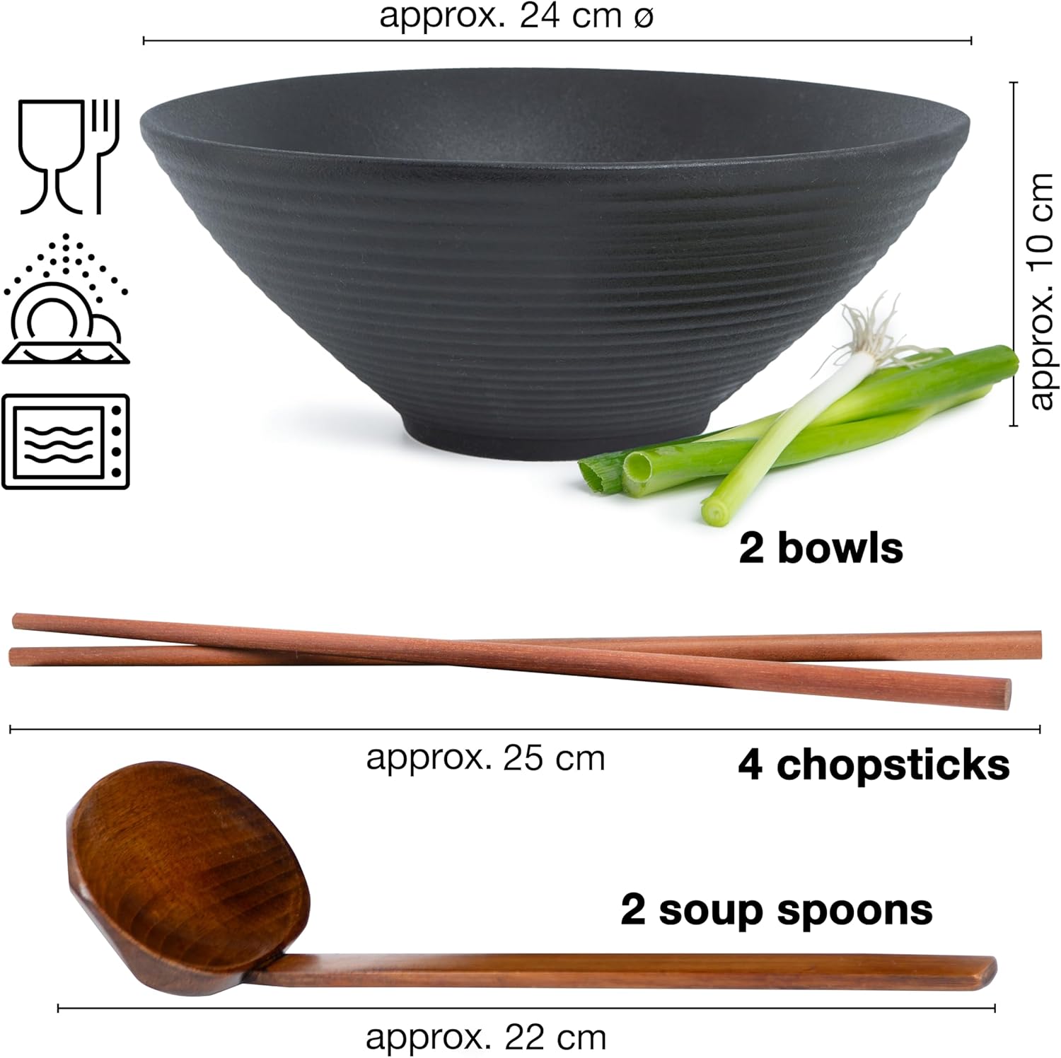 Ceramic Ramen Bowl Set – 600ml | Complete Asian Dinnerware for Two