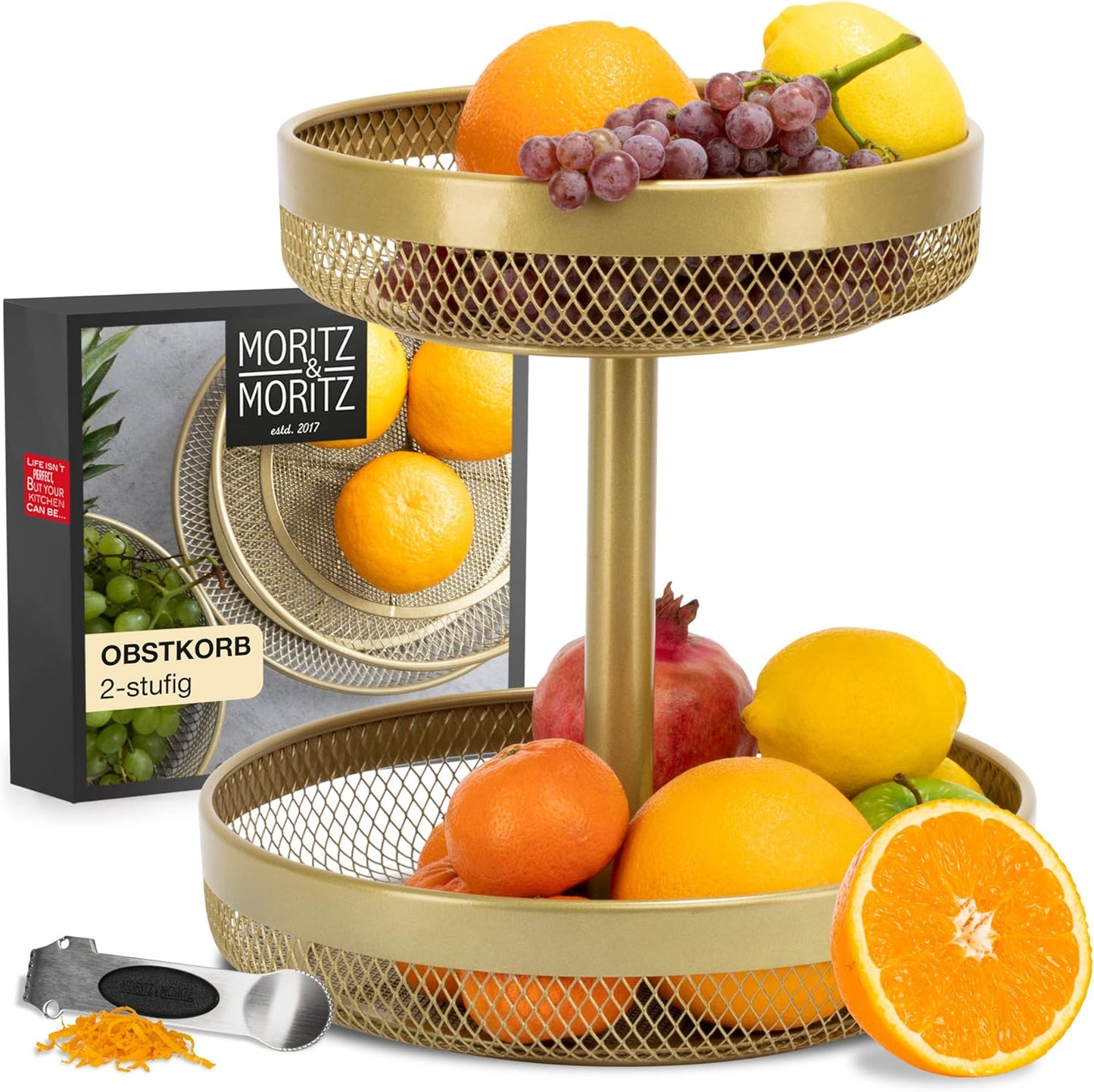 Gold Metal Fruit Bowl with Citrus Peeler – Modern Kitchen Storage & Decor