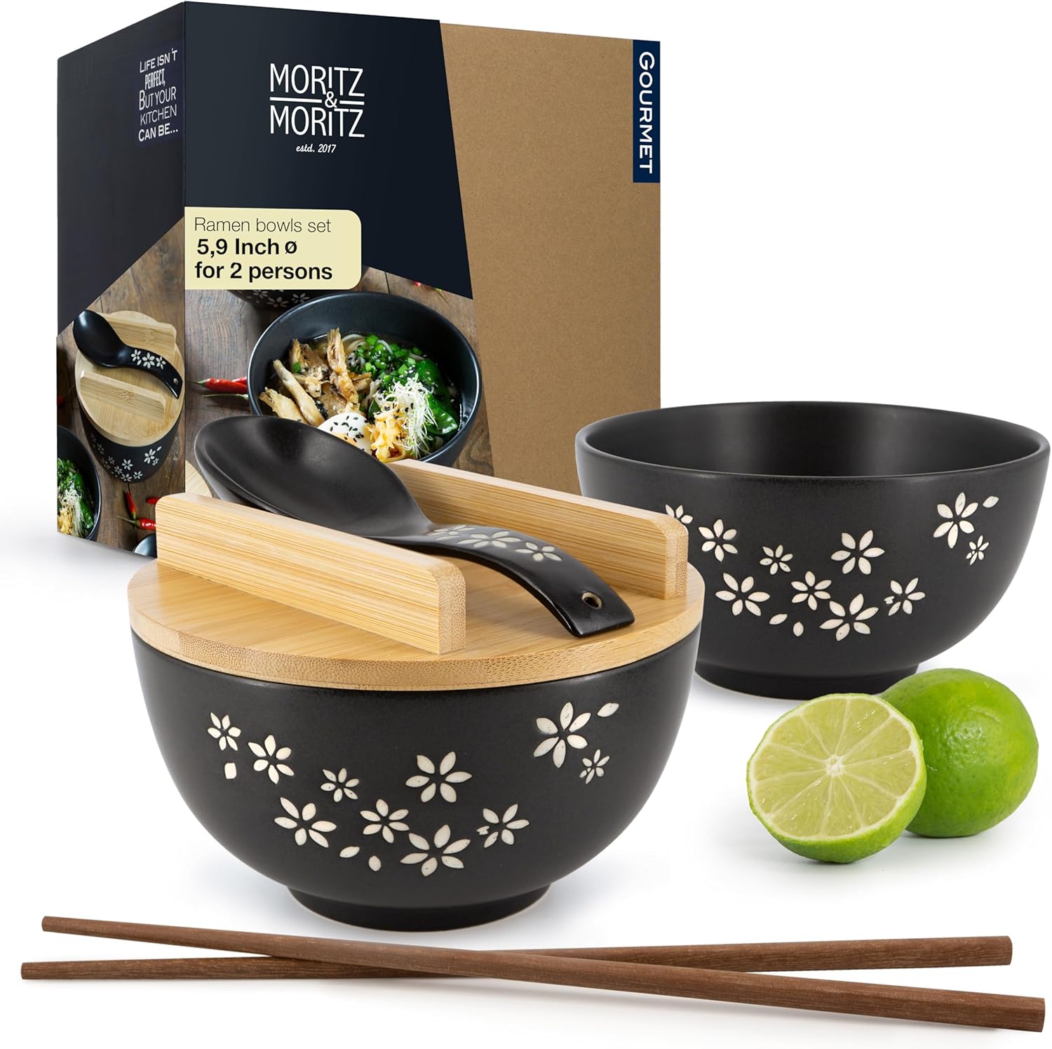 Ceramic Ramen Bowl Set with Lids, Spoons & Chopsticks – Asian Dinnerware