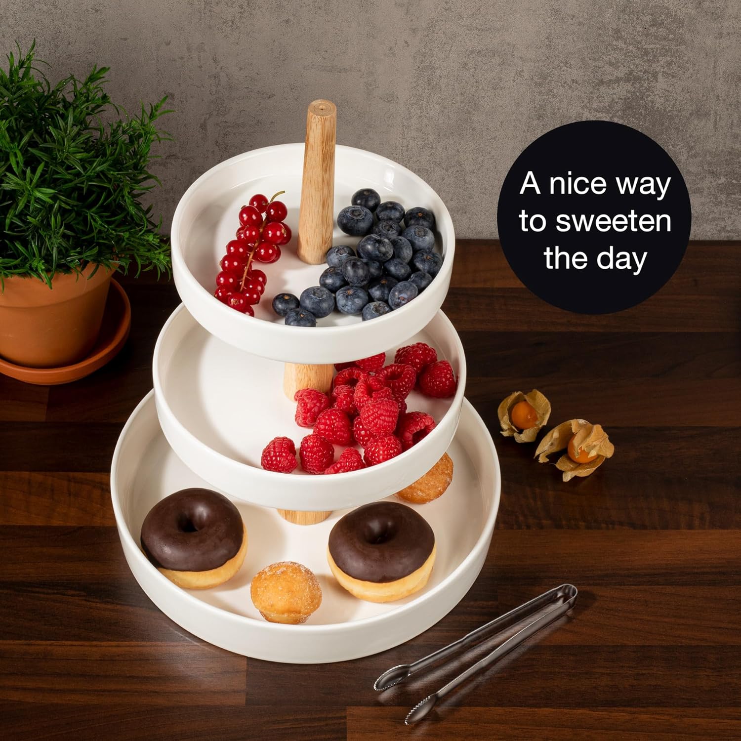 3-Tier Porcelain Cake Stand with Tongs – Elegant Dessert Display for Parties & Events
