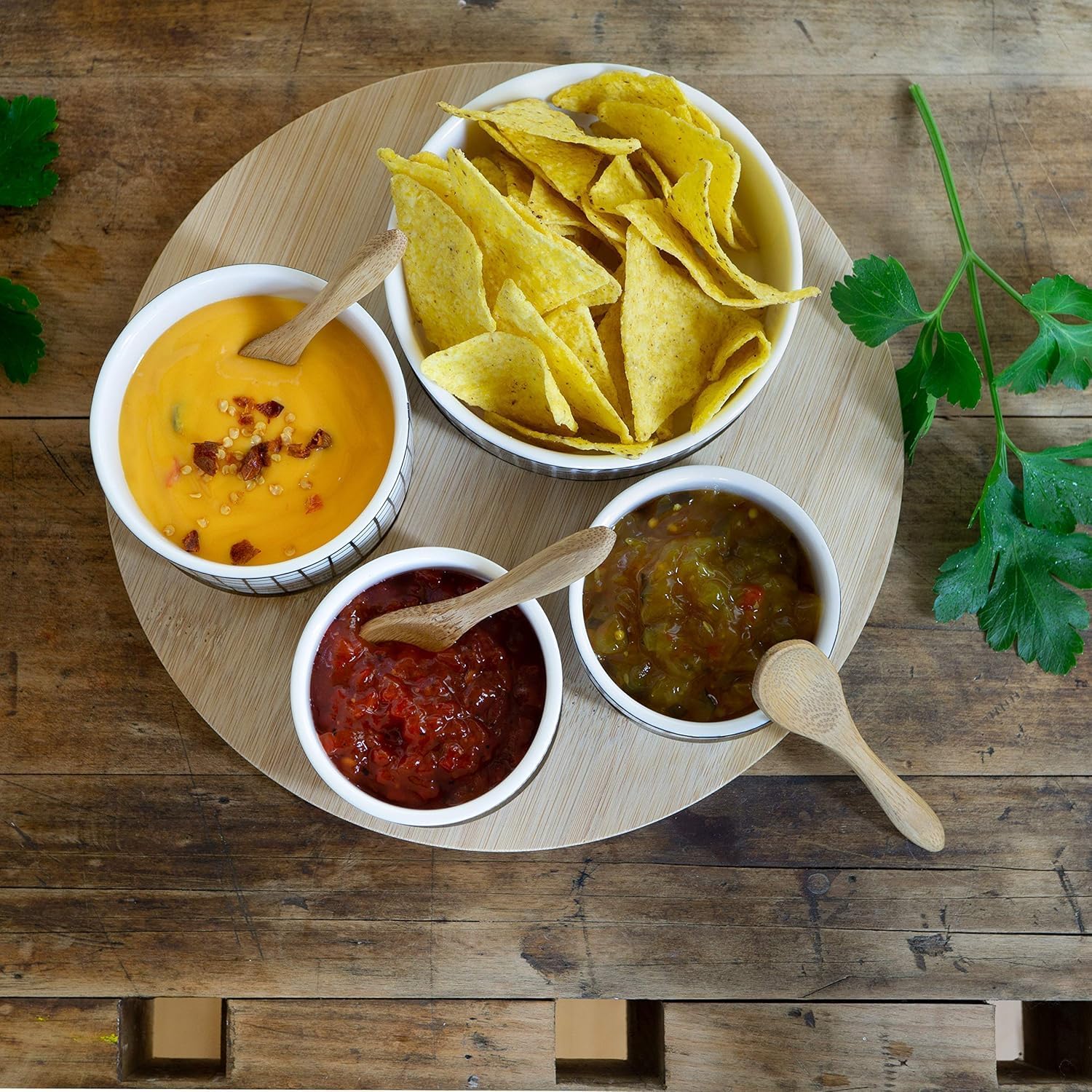 Bamboo Serving Platter with Ceramic Bowls & Spoons