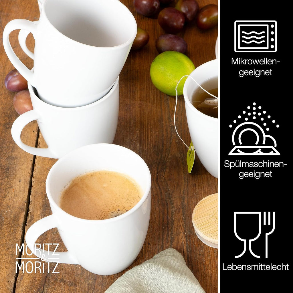 Set of 6 Coffee Cups 350ml | Premium White Porcelain Mugs with Handle