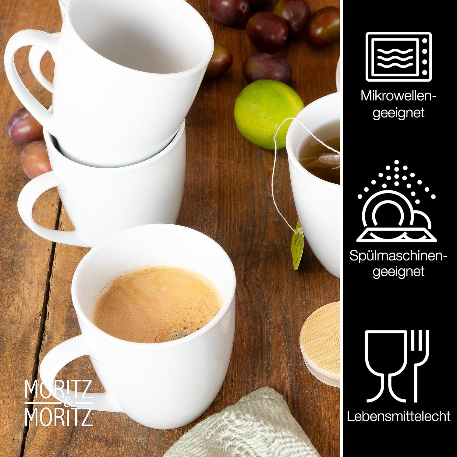 Set of 6 Coffee Cups 350ml | Premium White Porcelain Mugs with Handle