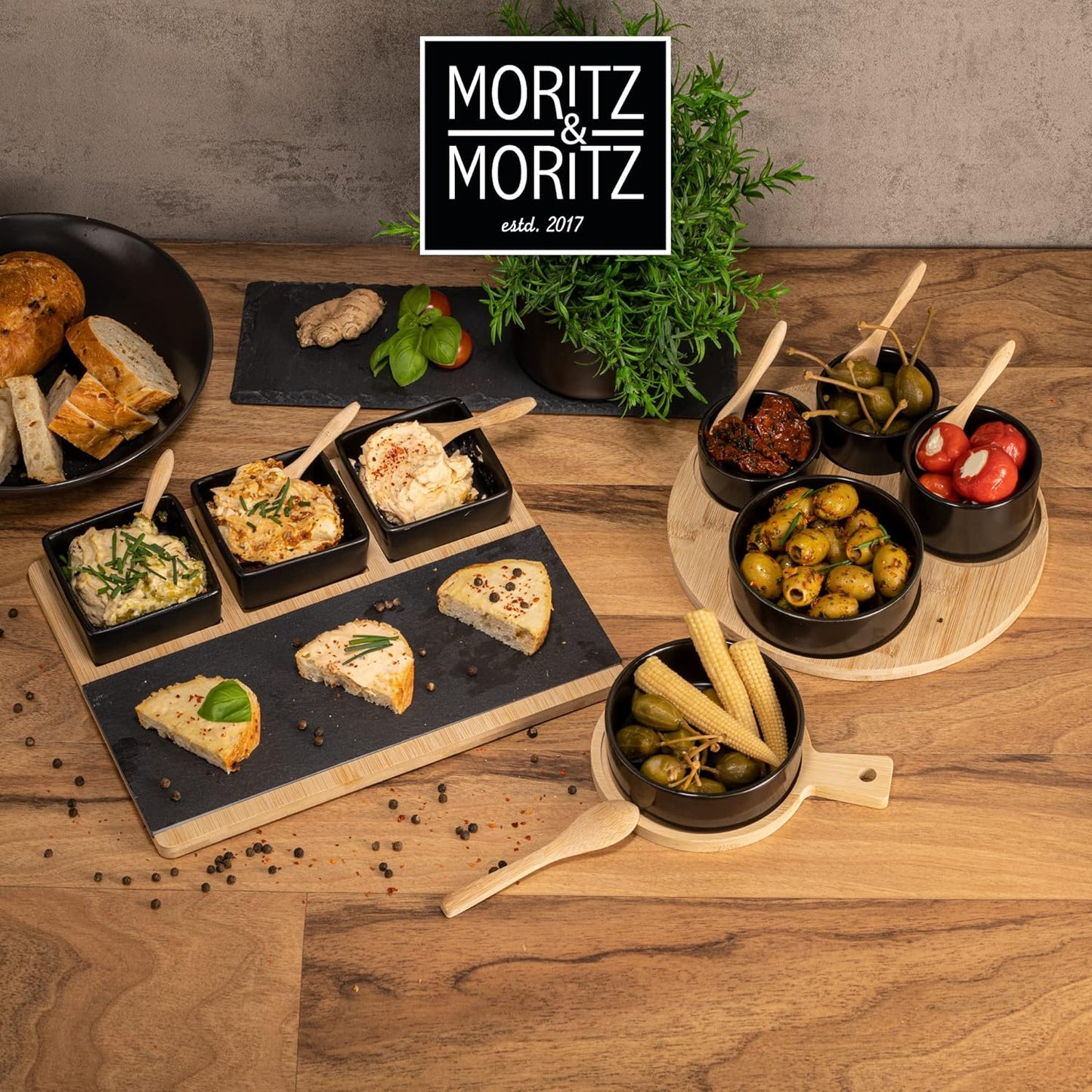 Black Serving Bowl Set with Spoon & Board – For Tapas, Dips, Snacks & More