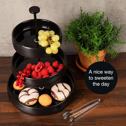 3-Tier Black Stoneware Cake Stand with Tongs – Elegant Dessert Display