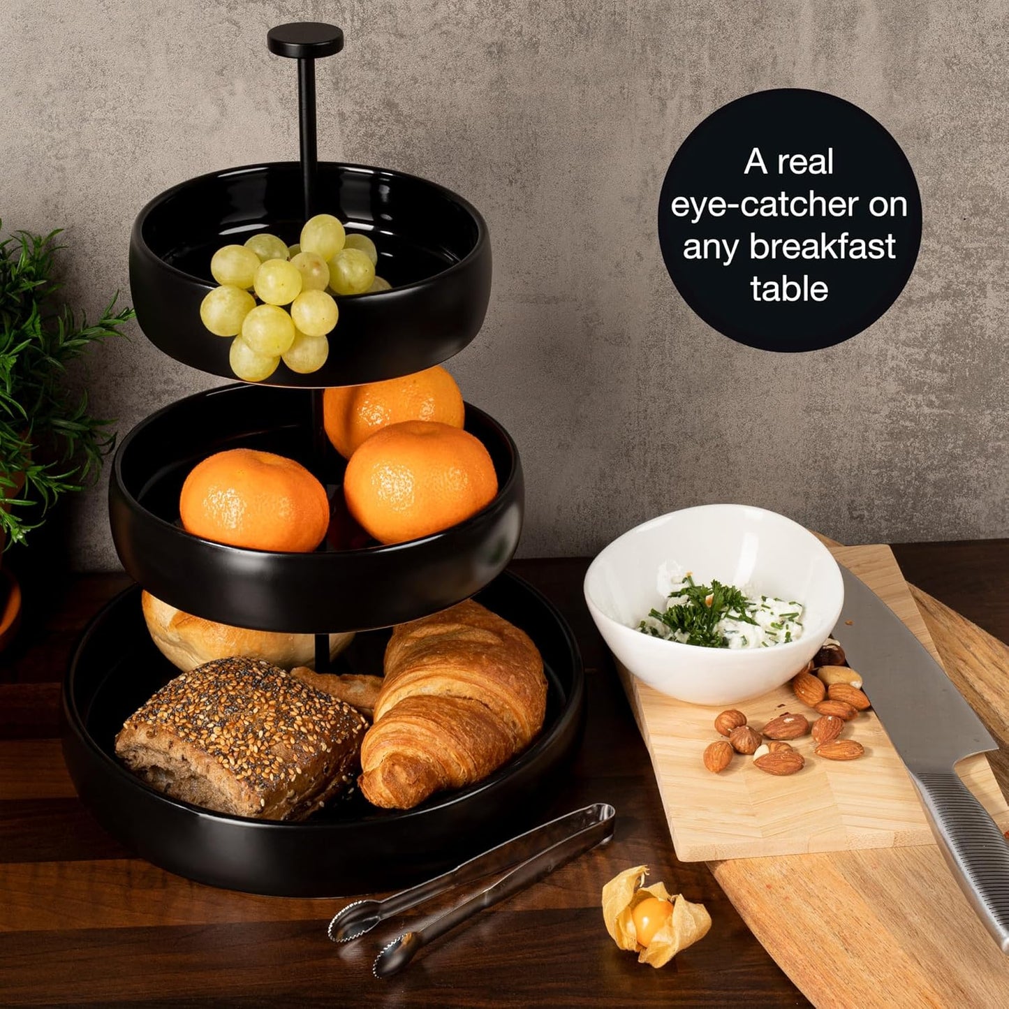 3-Tier Black Stoneware Cake Stand with Tongs – Elegant Dessert Display