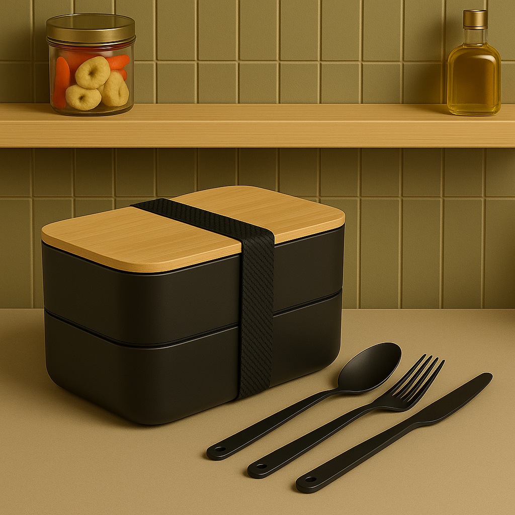 Premium Bento Box for Adults Black – 2-Tier 46 oz Lunch Container Box with Bamboo Lid