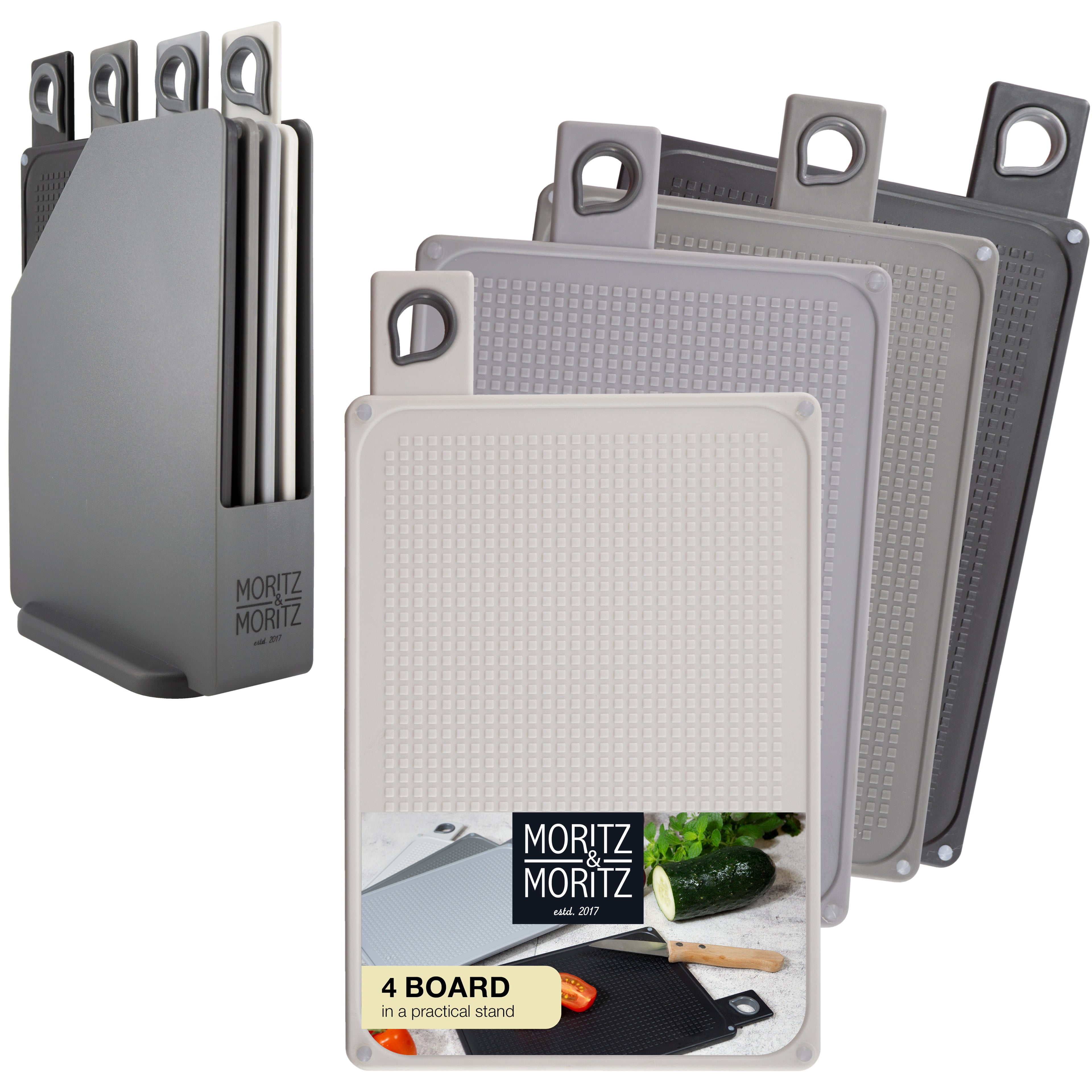 4-Piece Cutting Board Set with Stand (Black and Grey)