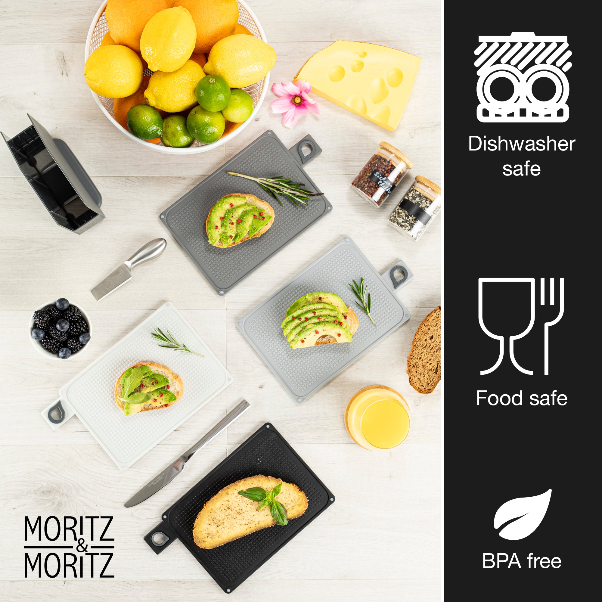 4-Piece Cutting Board Set with Stand (Black and Grey)