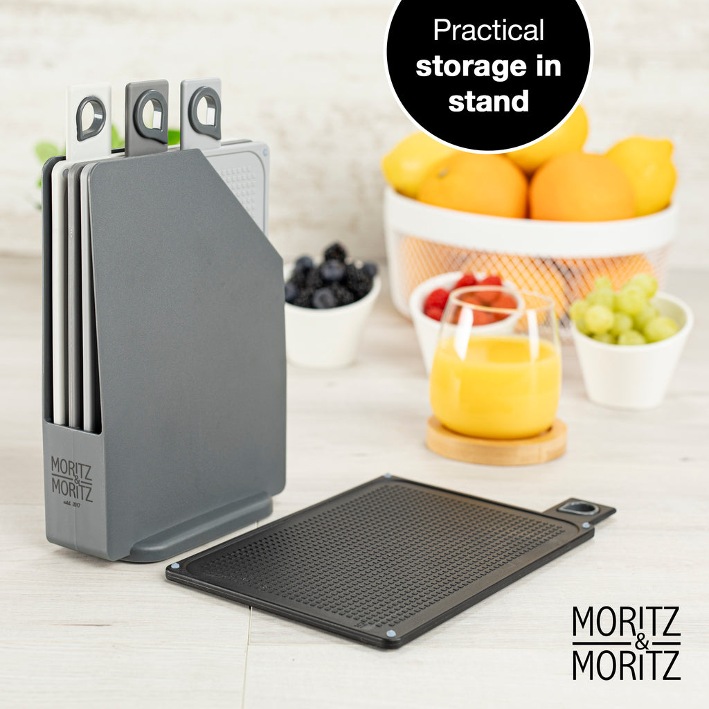 4-Piece Cutting Board Set with Stand (Black and Grey)