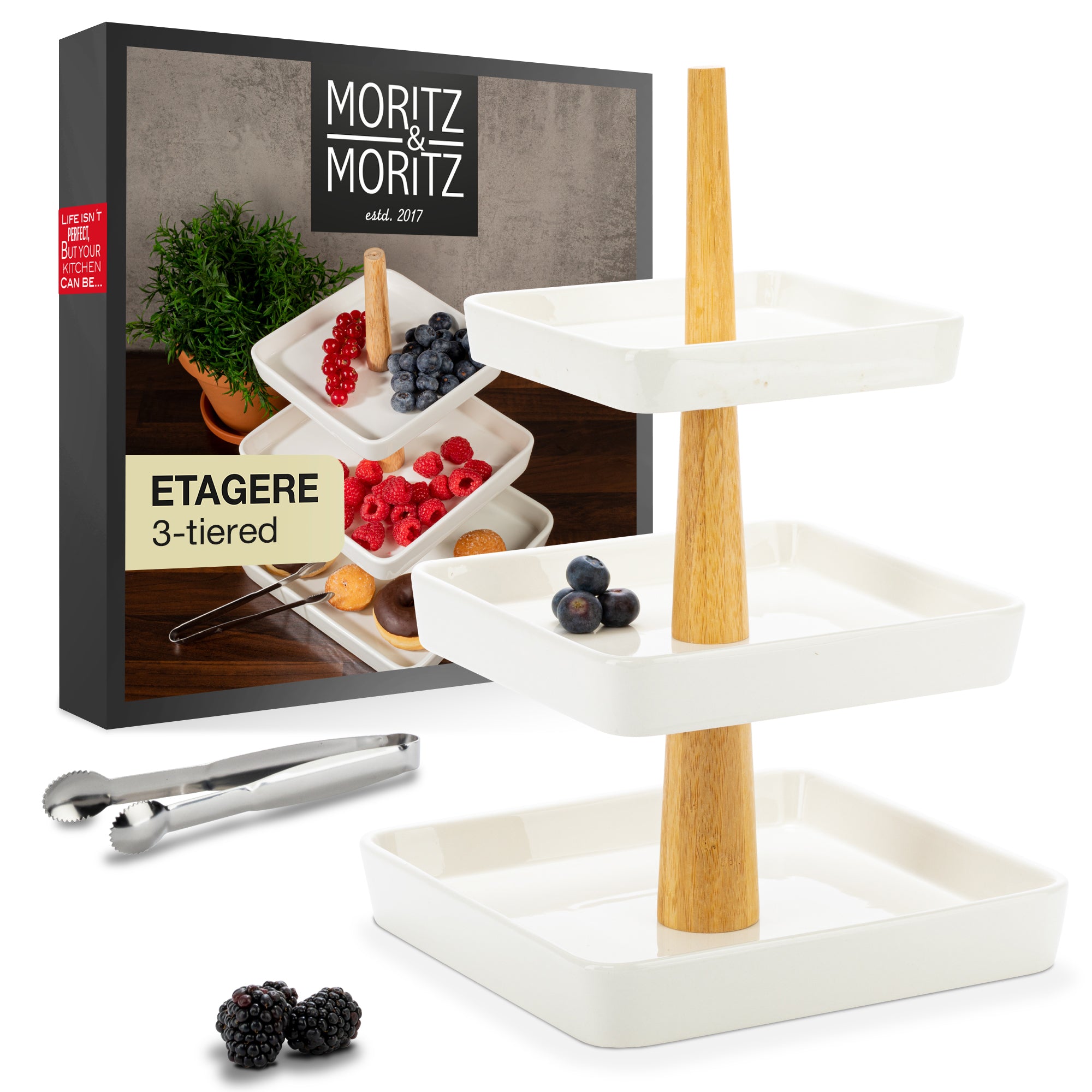 3 Tier Porcelain Fruit Stand with Tongs | Elegant Dessert & Fruit Display