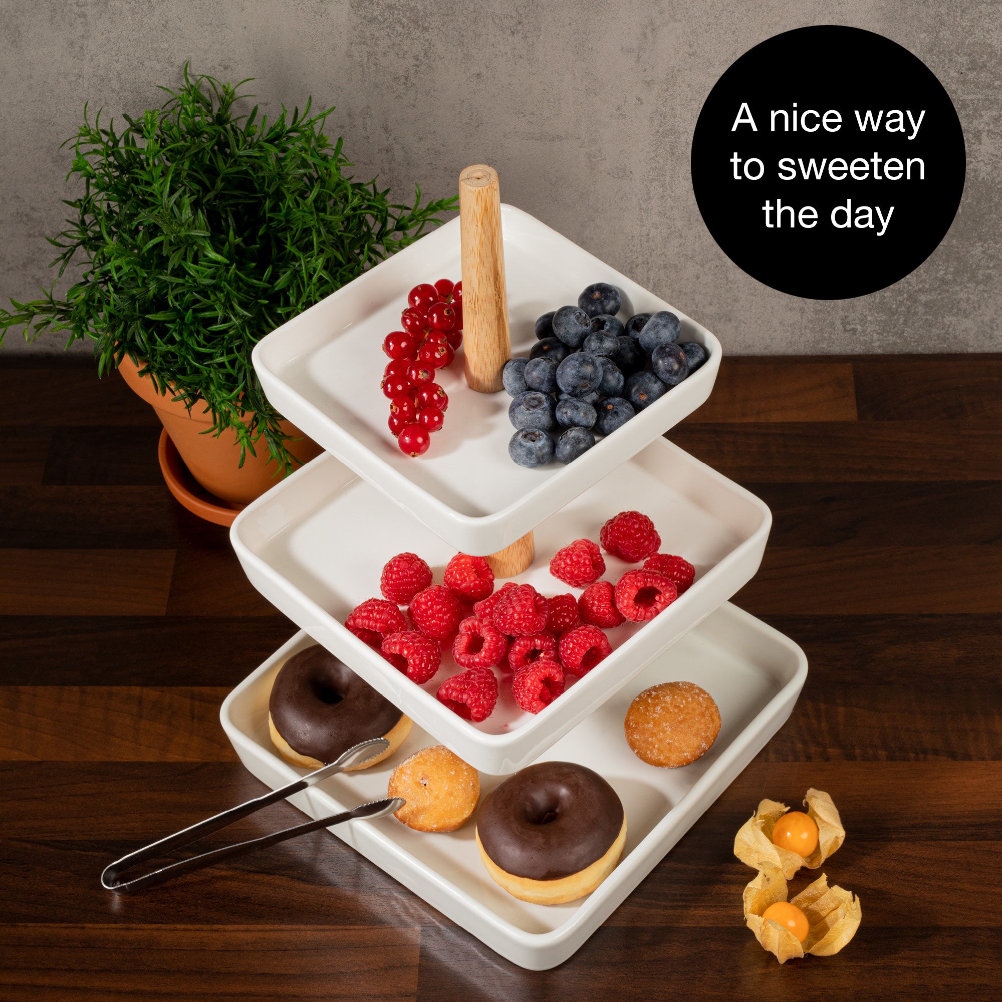 3 Tier Porcelain Fruit Stand with Tongs | Elegant Dessert & Fruit Display