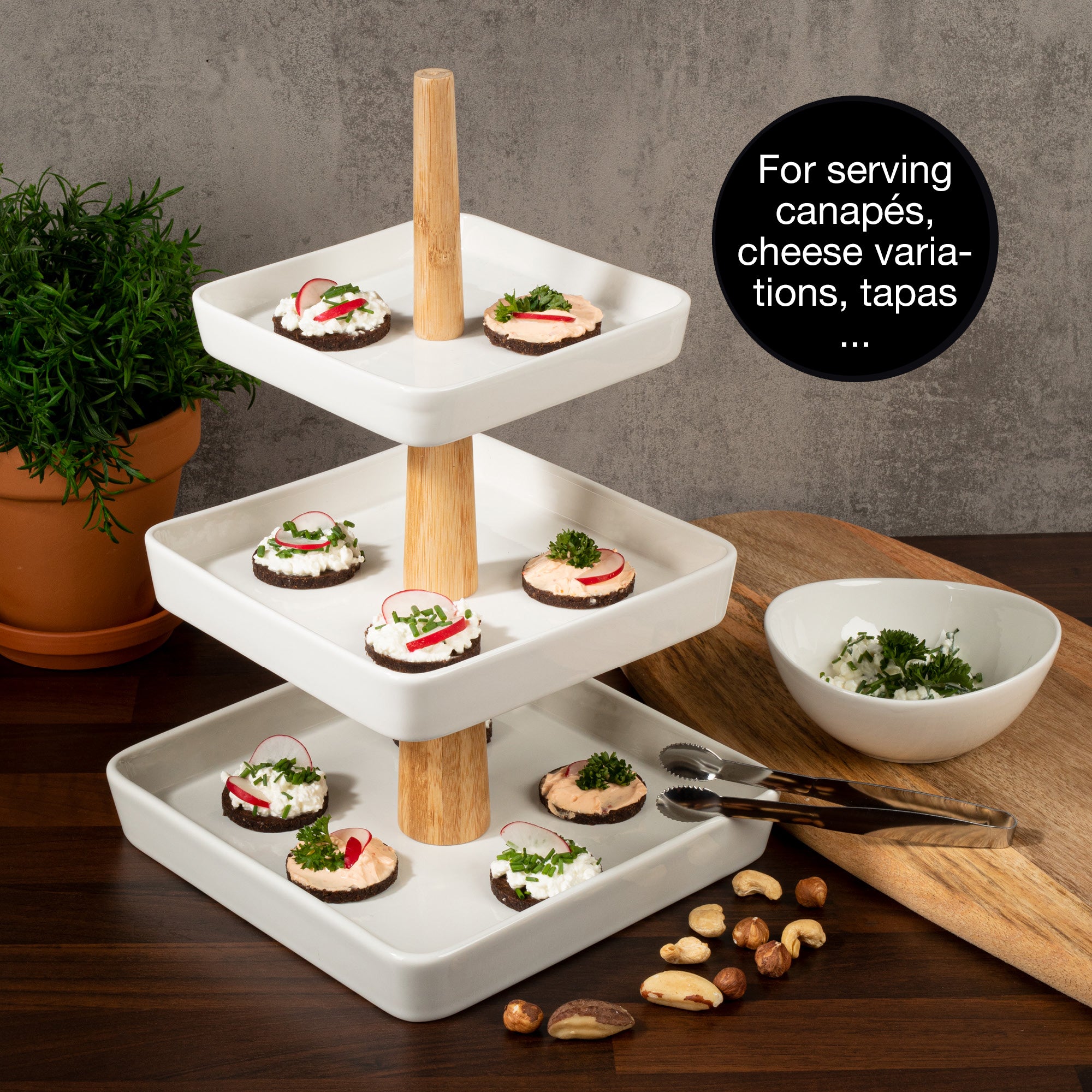 3 Tier Porcelain Fruit Stand with Tongs | Elegant Dessert & Fruit Display
