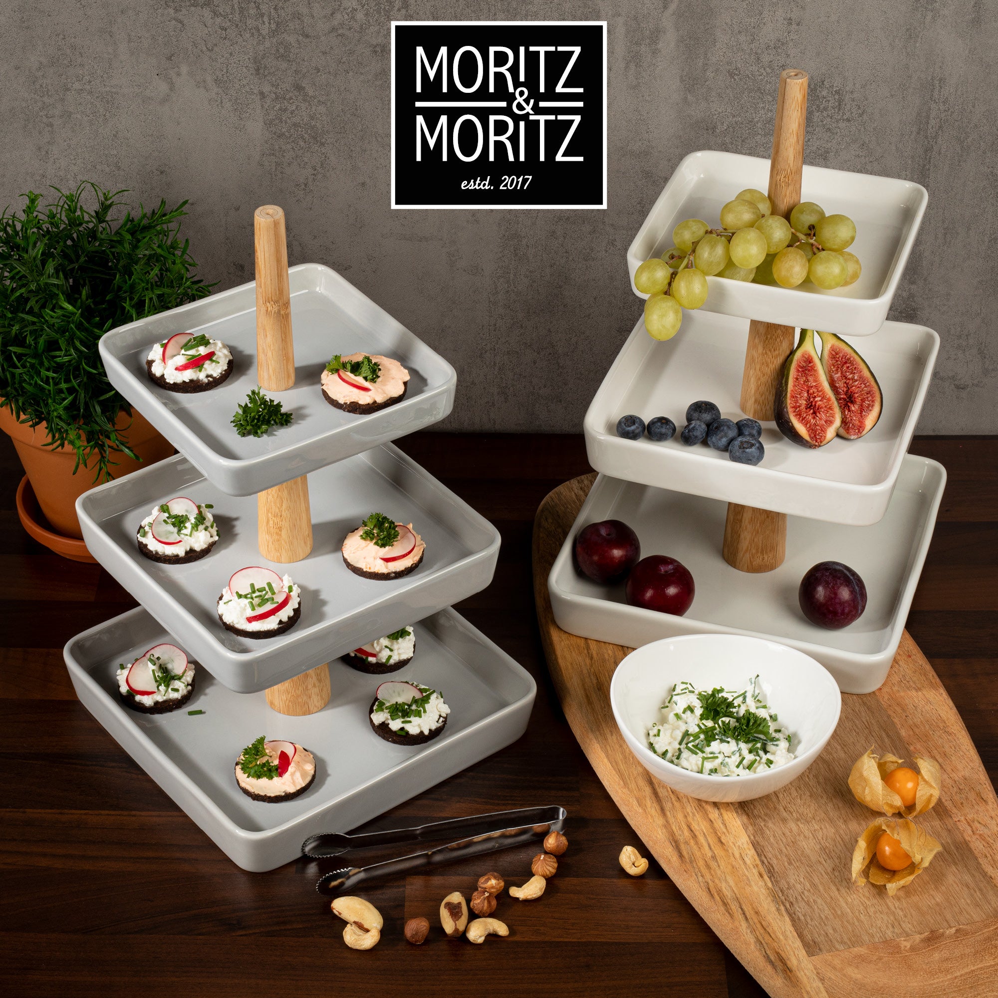 3 Tier Porcelain Fruit Stand with Tongs | Elegant Dessert & Fruit Display